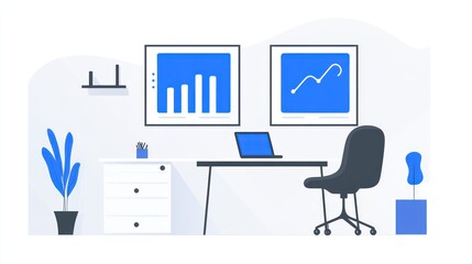 Poster - Modern minimalist office workspace with graphs. Possible use Stock photo for design, productivity, or business themes