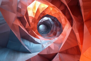 Poster - Geometric Tunnel: A captivating, low-poly rendering of a spiraling tunnel. The vibrant play of light and shadow on the abstract forms creates an eye-catching visual experience.