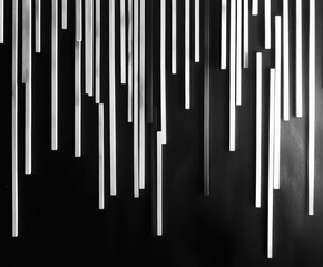 Poster - Monochrome Minimalism: A striking display of vertical, silver tubes against a dark background, exuding modern art, geometrical pattern.