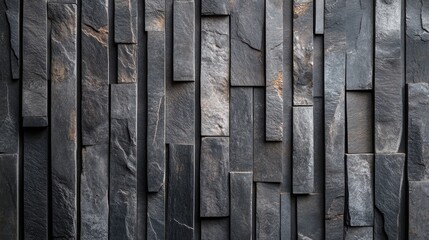 Poster - textured slate wall: close-up of a wall composed of textured slate tiles in varying shades of gray, 