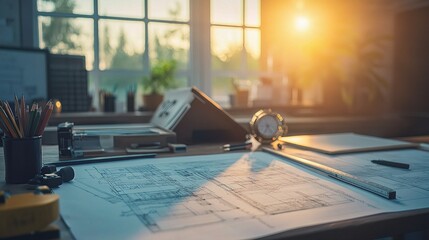 Poster - Blueprint on Desk with Ruler and Compass at Sunset in Studio
