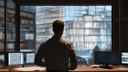 Poster - Architect Analyzing Building Plans in Modern Office Setting