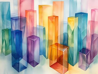 Poster - chromatic cityscape: an abstract watercolor painting depicting a vibrant city composed of translucen