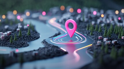 Poster - a dynamic gps icon with a moving arrow following a curved path on a digital map, showcasing real tim