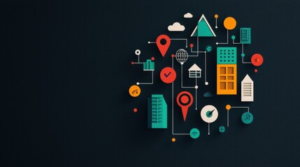 Poster - a combination of gps icons, including a compass, a location pin, and a directional arrow, arranged i