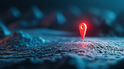 Poster - a sleek, silver 3d location pin with a glowing red tip, casting a shadow on a dark background, conve