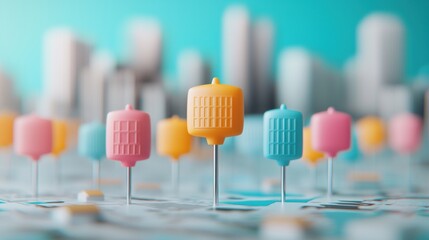 Poster - a group of 3d location pins in various colors, each with a unique shape and design, scattered across