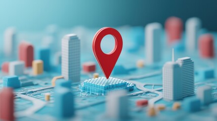 Poster - A location pin with a skyscraper icon, positioned in the financial district of a city map, representing a corporate headquarters or office building.