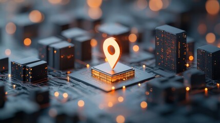 Poster - A 3D location pin with a miniature office building inside, surrounded by other office buildings on a map, highlighting a specific business location within a larger commercial district.
