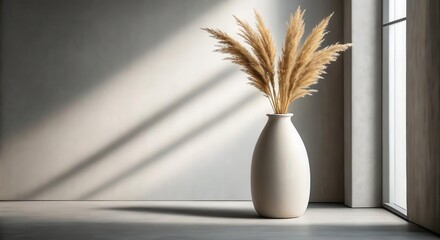 Poster - Minimalist studio shot of ceramic vase with dried pampas grass on neutral background with ample copy space for text.
