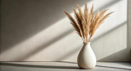 Poster - Minimalist studio shot of ceramic vase with dried pampas grass on neutral background with copy space.