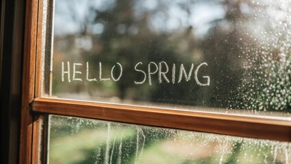 Poster - Handwritten Hello Spring on a dewdrop-covered window with soft morning light, illuminating the new day with a sense of renewal.