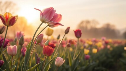 Poster - Blurred tulip field with soft sunrise glow and copy space in the center, creating a dreamy atmosphere for viewers to get lost in.