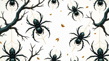 Spinning Spiders in Web Maze - A seamless pattern of spiders weaving intricate webs in a dark forest.