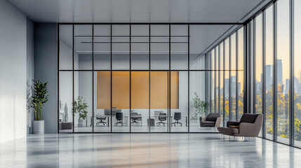 Aufkleber - sleek modern office interior featuring glass walls, stylish furniture, and city view. space is bright and inviting, perfect for collaboration