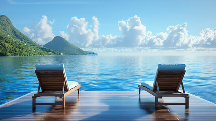 Poster - Relaxing view of two loungers by serene ocean, surrounded by mountains and clouds
