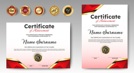 Wall Mural - profesional award certificate template with red and gold shape design. certificate appreciation, ach