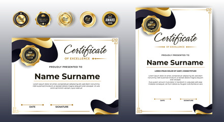 Wall Mural - certificate of achievement award template design. black and gold shape. a4 size horizontal and verti