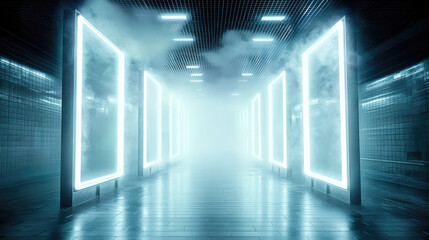 Aufkleber - futuristic subway station with glowing frames and fog creates mysterious atmosphere