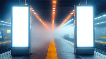 Aufkleber - foggy subway station with illuminated platforms and empty billboards creates mysterious atmosphere