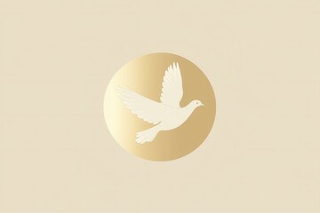 Aufkleber - Minimalist design featuring a white dove flying against a glowing sun with soft golden colors creating a serene atmosphere