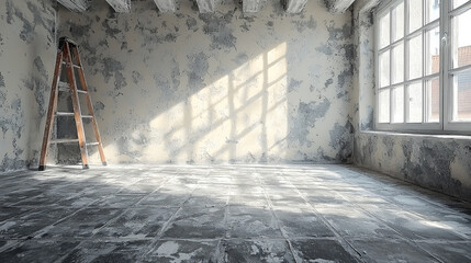 Poster - bright, empty room with wooden ladder, showcasing textured walls and tiled floor. Sunlight casts shadows through window, creating serene