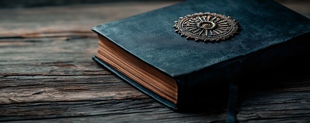 Poster - A golden seal of an ancient mystical order, embossed on a leather-bound book, intricate metalwork details, rich textures, fine craftsmanship, high-end photography, soft moody lighting
