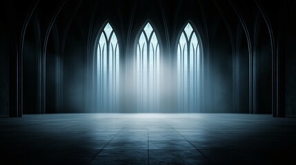 Poster - an enchanted crest glowing faintly on a cathedral wall, soft blue luminescence, stained glass reflec