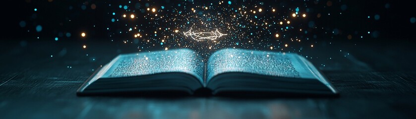 Poster - A floating magical sigil hovering above an enchanted book, emitting golden sparks, deep blue and purple hues, fantasy storytelling, ultra-crisp details, dynamic lighting