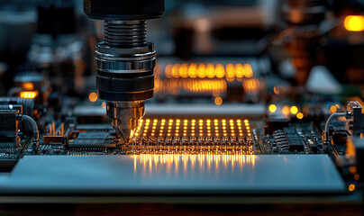 Poster - Close up of semiconductor manufacturing process with precision machinery, showcasing intricate details and glowing components