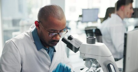 Aufkleber - Science, lab and man with microscope for research, medical study and discovery. Healthcare, pharmaceutical and scientist with equipment for virus vaccine, microbiology and experiment for medicine