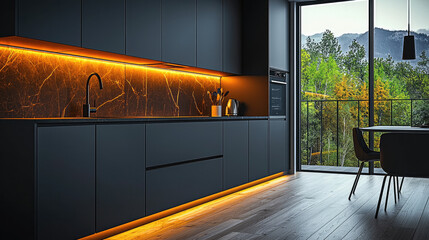 Poster - Modern kitchen with dark cabinetry, warm lighting, and scenic view