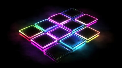 Poster - abstract background with neon glowing square shapes on a dark background, a nightclub stage design, 