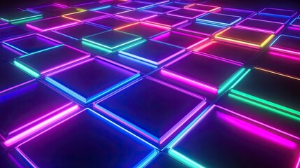 Poster - abstract background with neon glowing square shapes on a dark background, a nightclub stage design, 