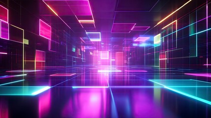 Poster - abstract background with neon glowing square shapes on a dark background, a nightclub stage design, 