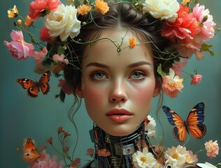 Wall Mural - ai-generated surreal portrait of a young woman with floral headpiece and butterflies