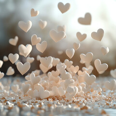 Poster - Delicate white hearts float gracefully in dreamy background, creating romantic atmosphere