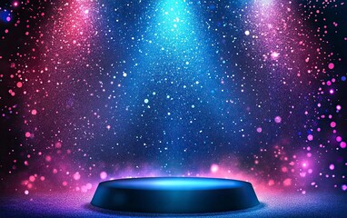 Poster - Abstract blue and purple background with an empty podium for product presentation and glowing neon light on a dark background. Vector illustration, the winner of the Valery Brough stock photo contest,