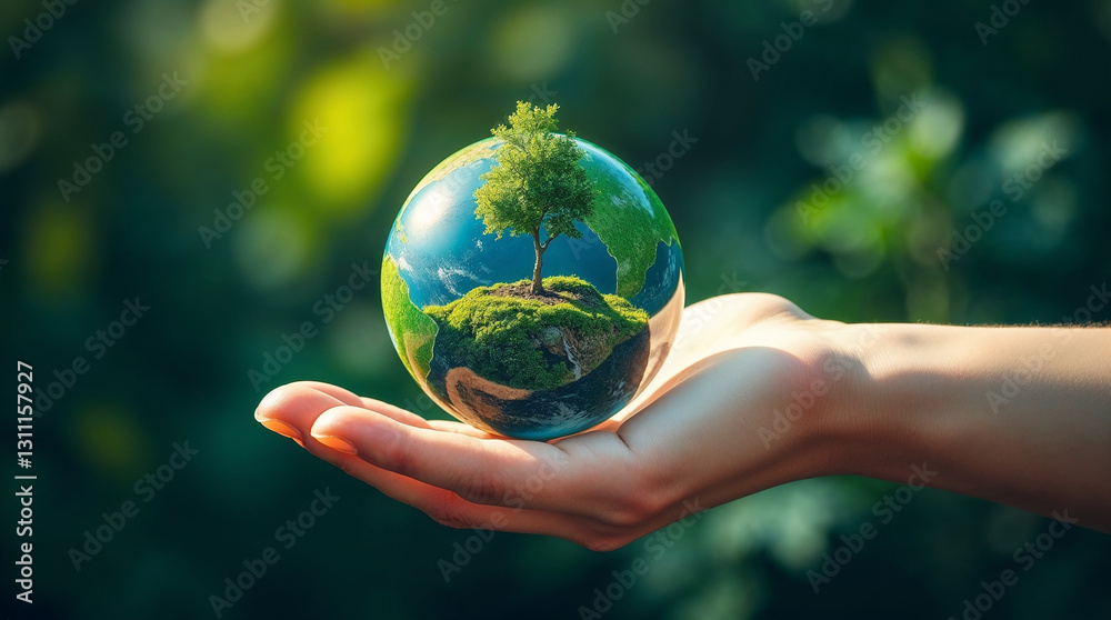 Hand of human holding green earth with tree. Concept of World sustainable environment, Save our Planet, World Environment Day, World Earth Day and Climate change