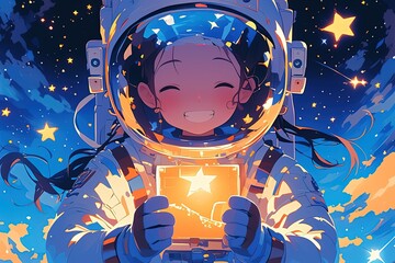 Wall Mural - cheerful anime astronaut girl in spacesuit and helmet holding glowing box with star on dark galaxy b