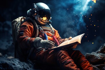 Wall Mural - an astronaut in a spacesuit and helmet reads a book with universe with smoke on background