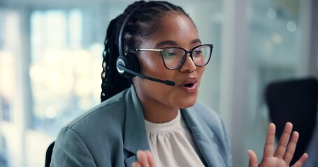 Poster - Call center, businesswoman and talking with mic in office, customer service or consultant for help. Telemarketing, female agent or CRM consult with headset for feedback, corporate or sales assistance