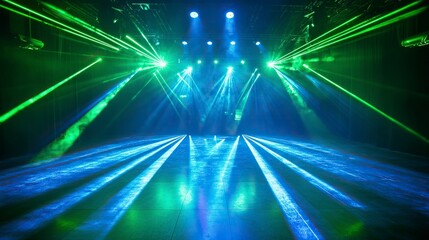Poster - Abstract empty room with blue and green neon light lines on a dark background, a nightclub interior design, a stage for a DJ party or show performance, a virtual space for dance video production.