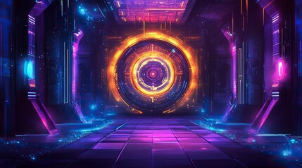 Poster - Abstract neon background with glowing, colorful geometric shapes on a dark room floor, an empty virtual space for presentation design, nightclub wallpaper, cyberpunk style,