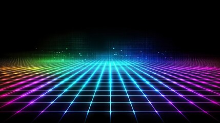 Poster - Abstract neon background with glowing square lines in blue, green, and purple colors on a dark room floor. Glowing abstract shape. Neon light effect. Vector illustration,
