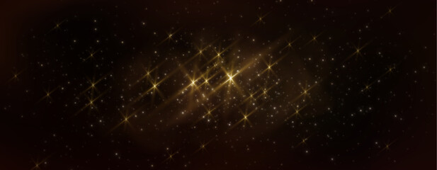 Wall Mural - golden sparkle cluster on dark outer space background with bright starry rays. cosmic glitter effect