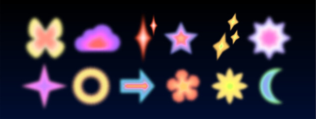 Poster - Shape collection with colorful y2k aesthetic and soft blur effect. Glowing icons of star and cross, cloud and arrow, circle, moon and sparkles. Nostalgic retro futuristic neon design elements.