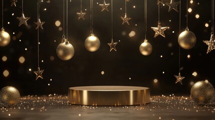 Fototapete - A festive podium surrounded by twinkling holiday ornaments, shimmering stars hanging above.