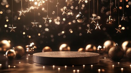 Fototapete - A festive podium surrounded by twinkling holiday ornaments, shimmering stars hanging above.