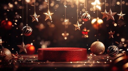 Fototapete - A festive podium surrounded by twinkling holiday ornaments, shimmering stars hanging above.